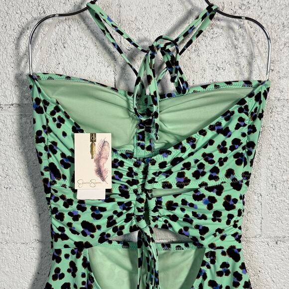 Jessica Simpson Wild Thing Ruched Keyhole Front 1Piece Swimsuit, Leopard Medium - Picture 5 of 10